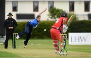20 May 2021; Barry McCarthy of Leinster Lightning bowls to Tyrone Kane of Munster Reds during the Cricket Ireland InterProvincial Cup 2021 match between Leinster Lightning and Munster Reds at Pembroke Cricket Club in Dublin. Photo by Matt Browne/Sportsfile