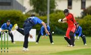 20 May 2021; Gareth Delaney of Munster Reds plays a shot from Josh Little of Leinster Lightning during the Cricket Ireland InterProvincial Cup 2021 match between Leinster Lightning and Munster Reds at Pembroke Cricket Club in Dublin. Photo by Matt Browne/Sportsfile