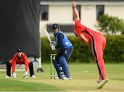 20 May 2021; Jack Tector of Leinster Lightning plays a shot from Aaron Cawley of Munster Reds during the Cricket Ireland InterProvincial Cup 2021 match between Leinster Lightning and Munster Reds at Pembroke Cricket Club in Dublin. Photo by Matt Browne/Sportsfile