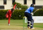 20 May 2021; Tyrone Kane of Munster Reds bowls to Jack Tector of Leinster Lightning during the Cricket Ireland InterProvincial Cup 2021 match between Leinster Lightning and Munster Reds at Pembroke Cricket Club in Dublin. Photo by Matt Browne/Sportsfile