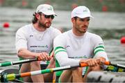 21 May 2021; Ronan Byrne, left, and Philip Doyle of Ireland before their heat of the Men's Double Scull during day one of the FISA World Cup Rowing II at Lake Gottersee in Lucerne, Switzerland. Photo by Roberto Bregani/Sportsfile