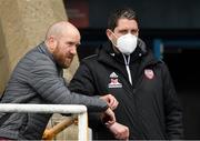 21 May 2021; Derry City manager Ruaidhri Higgins with former Dundalk team manager Shane Keegan before the SSE Airtricity League Premier Division match between Waterford and Derry City at RSC in Waterford. Photo by Matt Browne/Sportsfile