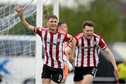 21 May 2021; Ronan Boyce, left, of Derry City celebrates with team-mate Cameron McJannett after scoring his side's first goal during the SSE Airtricity League Premier Division match between Waterford and Derry City at RSC in Waterford. Photo by Matt Browne/Sportsfile