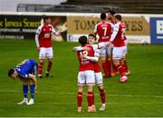 21 May 2021; Matty Smith and Alfie Lewis of St Patrick's Athletic embrace following their side's victory in the SSE Airtricity League Premier Division match between St Patrick's Athletic and Bohemians at Richmond Park in Dublin. Photo by Harry Murphy/Sportsfile