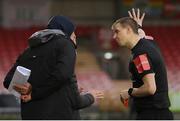 21 May 2021; Galway United first team coach Johnny Glynn receives a red card from referee Alan Carey during the SSE Airtricity League First Division match between Cork City and Galway United at Turners Cross in Cork. Photo by Michael P Ryan/Sportsfile