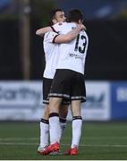 21 May 2021; Michael Duffy, left, and Raivis Jurkovskis of Dundalk celebrate at the final whistle of the SSE Airtricity League Premier Division match between Dundalk and Shamrock Rovers at Oriel Park in Dundalk, Louth. Photo by Ben McShane/Sportsfile