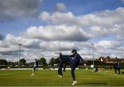 22 May 2021; Leinster Lightning players warm up before the Cricket Ireland InterProvincial Cup 2021 match between Munster Reds and Leinster Lightning at Pembroke Cricket Club in Dublin. Photo by Harry Murphy/Sportsfile