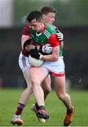 22 May 2021; Cillian O'Connor of Mayo is tackled by Ray Connellan of Westmeath during the Allianz Football League Division 2 North Round 2 match between Westmeath and Mayo at TEG Cusack Park in Mullingar, Westmeath. Photo by Stephen McCarthy/Sportsfile