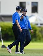 22 May 2021; Kevin O'Brien of Leinster Lighting celebrates with team-mate David O'Halloran after catching out Gareth Delany of Munster Reds during the Cricket Ireland InterProvincial Cup 2021 match between Munster Reds and Leinster Lightning at Pembroke Cricket Club in Dublin. Photo by Harry Murphy/Sportsfile