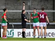 22 May 2021; Referee Noel Mooney issues Diarmuid O'Connor of Mayo with a black card during the Allianz Football League Division 2 North Round 2 match between Westmeath and Mayo at TEG Cusack Park in Mullingar, Westmeath. Photo by Stephen McCarthy/Sportsfile