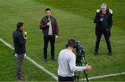 22 May 2021; eir Sport presenter Connor Morris, left, with analysts Aaron Kernan, centre, and Joe Brolly prior to the Allianz Football League Division 1 North Round 2 match between Armagh and Tyrone at Athletic Grounds in Armagh. Photo by Ramsey Cardy/Sportsfile