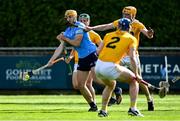 22 May 2021; Ronan Hayes of Dublin attempts a shot despite the close attentions of Joe Maskey and Stephen Rooney of Antrim during the Allianz Hurling League Division 1 Round 3 match between Dublin and Antrim in Parnell Park in Dublin. Photo by Brendan Moran/Sportsfile