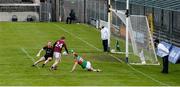 22 May 2021; Brandon Kelly of Westmeath has an attempt on goal prevented by Mayo goalkeeper Rob Hennelly and Colm Boyle, 18, during the Allianz Football League Division 2 North Round 2 match between Westmeath and Mayo at TEG Cusack Park in Mullingar, Westmeath. Photo by Stephen McCarthy/Sportsfile