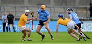 22 May 2021; Ronan Hayes of Dublin in action against Paddy Burke and Damon McMullan of Antrim during the Allianz Hurling League Division 1 Round 3 match between Dublin and Antrim in Parnell Park in Dublin. Photo by Brendan Moran/Sportsfile