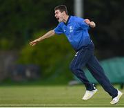 22 May 2021; Josh Little of Leinster Lighting celebrates bowling the wicket of Murray Commins of Munster Reds during the Cricket Ireland InterProvincial Cup 2021 match between Munster Reds and Leinster Lightning at Pembroke Cricket Club in Dublin. Photo by Harry Murphy/Sportsfile