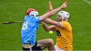 22 May 2021; Neil McManus of Antrim, right, pulls on a dropping sliotar ahead of Paddy Smyth of Dublin during the Allianz Hurling League Division 1 Round 3 match between Dublin and Antrim in Parnell Park in Dublin. Photo by Brendan Moran/Sportsfile