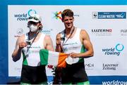 23 May 2021; Philip Doyle, right, and Ronan Byrne of Ireland with their silver medals after competing in the Men’s Double Sculls A Final during day three of the FISA World Cup Rowing II at Lake Gottersee in Lucerne, Switzerland. Photo by Roberto Bregani/Sportsfile