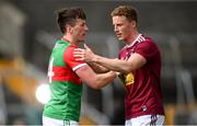 22 May 2021; Cillian O'Connor of Mayo and Ray Connellan of Westmeath following the Allianz Football League Division 2 North Round 2 match between Westmeath and Mayo at TEG Cusack Park in Mullingar, Westmeath. Photo by Stephen McCarthy/Sportsfile