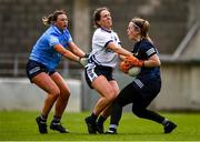 23 May 2021; Eimear Fennell of Waterford in action against Dublin goalkeeper Abby Sheils and Laura McGinley of Dublin during the Lidl Ladies Football National League Division 1B Round 1 match between Dublin and Waterford at Parnell Park in Dublin. Photo by Ben McShane/Sportsfile