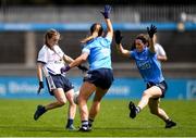 23 May 2021; Aileen Wall of Waterford in action against Martha Byrne, left, and Lyndsey Davey of Dublin during the Lidl Ladies Football National League Division 1B Round 1 match between Dublin and Waterford at Parnell Park in Dublin. Photo by Ben McShane/Sportsfile