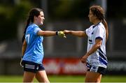 23 May 2021; Hannah O'Neill of Dublin fist-bumps Kate McGrath of Waterford after the Lidl Ladies Football National League Division 1B Round 1 match between Dublin and Waterford at Parnell Park in Dublin. Photo by Ben McShane/Sportsfile