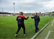 23 May 2021; Down selector Stephen Beattie, left, and Meath manager Andy McEntee fist bump following the Allianz Football League Division 2 North Round 2 match between Down and Meath at Athletic Grounds in Armagh. Photo by David Fitzgerald/Sportsfile