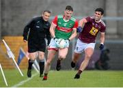 22 May 2021; Matthew Ruane of Mayo in action against Denis Corroon of Westmeath during the Allianz Football League Division 2 North Round 2 match between Westmeath and Mayo at TEG Cusack Park in Mullingar, Westmeath. Photo by Stephen McCarthy/Sportsfile
