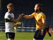 22 May 2021; Riain Quigley of Tipperary and Wicklow goalkeeper Mark Jackson after the Allianz Football League Division 3 South Round 2 match between Tipperary and Wicklow at Semple Stadium in Thurles, Tipperary. Photo by Ray McManus/Sportsfile