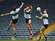22 May 2021; Tipperary players Jack Harney, left, Conal Kennedy and Alan Campbell, right jump for the same dropping ball during the Allianz Football League Division 3 South Round 2 match between Tipperary and Wicklow at Semple Stadium in Thurles, Tipperary. Photo by Ray McManus/Sportsfile