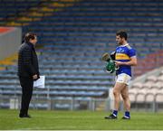 22 May 2021; RTÉ's Marty Morrisey in conversation with Cathal Barrett of Tipperary  during the Allianz Hurling League Division 1 Group A Round 3 match between Tipperary and Galway at Semple Stadium in Thurles, Tipperary. Photo by Ray McManus/Sportsfile