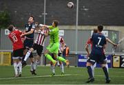 24 May 2021; Lee Desmond of St Patrick's Athletic heads to score his side's first goal during the SSE Airtricity League Premier Division match between Derry City and St Patrick's Athletic at Ryan McBride Brandywell Stadium in Derry. Photo by David Fitzgerald/Sportsfile