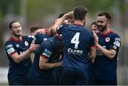 24 May 2021; Lee Desmond of St Patrick's Athletic, centre, is congratulated by team-mates after scoring his side's first goal during the SSE Airtricity League Premier Division match between Derry City and St Patrick's Athletic at Ryan McBride Brandywell Stadium in Derry. Photo by David Fitzgerald/Sportsfile