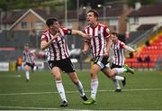 24 May 2021; Joe Thomson of Derry City, right, celebrates after scoring his side's second goal with team-mate Eoin Toal during the SSE Airtricity League Premier Division match between Derry City and St Patrick's Athletic at Ryan McBride Brandywell Stadium in Derry. Photo by David Fitzgerald/Sportsfile