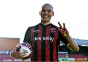 24 May 2021; Georgie Kelly of Bohemians celebrates with the match ball after scoring a hat-trick during his side's victory in their SSE Airtricity League Premier Division match against Dundalk at Dalymount Park in Dublin. Photo by Seb Daly/Sportsfile