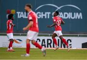 24 May 2021; Romeo Parkes of Sligo Rovers, right, celebrates after scoring his side's first goal with team-mates Walter Figueira, left, and Greg Bolger during the SSE Airtricity League Premier Division match between Shamrock Rovers and Sligo Rovers at Tallaght Stadium in Dublin. Photo by Stephen McCarthy/Sportsfile