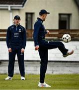 25 May 2021; Jamie Grassi, left, and David O'Halloran of Leinster Lightning warm up before the Cricket Ireland InterProvincial Cup 2021 match between North West Warriors and Leinster Lightning at Eglinton Cricket Club in Derry. Photo by David Fitzgerald/Sportsfile