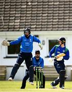 25 May 2021; Wicketkeeper Lorcan Tucker of Leinster Lightning reacts after Graham Kennedy of North West Warriors hits during the Cricket Ireland InterProvincial Cup 2021 match between North West Warriors and Leinster Lightning at Eglinton Cricket Club in Derry. Photo by David Fitzgerald/Sportsfile