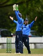 25 May 2021; Wicketkeeper Lorcan Tucker, left, and Andrew Balbirnie of Leinster Lightning react during the Cricket Ireland InterProvincial Cup 2021 match between North West Warriors and Leinster Lightning at Eglinton Cricket Club in Derry. Photo by David Fitzgerald/Sportsfile