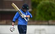 25 May 2021; Kevin O'Brien of Leinster Lightning reacts after being caught out during the Cricket Ireland InterProvincial Cup 2021 match between North West Warriors and Leinster Lightning at Eglinton Cricket Club in Derry. Photo by David Fitzgerald/Sportsfile