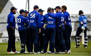 25 May 2021; North West Warriors players celebrate after Shane Getkate caught out George Dockrell of Leinster Lightning during the Cricket Ireland InterProvincial Cup 2021 match between North West Warriors and Leinster Lightning at Eglinton Cricket Club in Derry. Photo by David Fitzgerald/Sportsfile