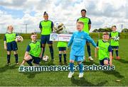 26 May 2021; Republic of Ireland internationals Rianna Jarrett and Andrew Omobamidele with, from left, Liadan Kelly, age 10, Liam White, age 9, Stella Toomey, age 9, Ross Ward, age 7, Morgan Coffey, age 8, and Joshua Ward, age 9, during the launch of the INTERSPORT Elverys FAI Summer Soccer Schools at the FAI National Training Centre in Abbotstown, Dublin. The Football Association of Ireland launched the 25th edition of the hugely popular FAI Summer Soccer Schools in partnership with our title sponsor, the leading Irish sports retailer INTERSPORT Elverys. Republic of Ireland players Rianna Jarrett and Andrew Omobamidele were on hand for the launch of the hugely popular programme which will see the INTERSPORT Elverys FAI Summer Soccer Schools return to clubs across Ireland in July and August. The INTERSPORT Elverys FAI Summer Soccer Schools cater for boys and girls aged 6 to 14 in a fun and inclusive environment. Photo by Stephen McCarthy/Sportsfile