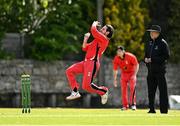 27 May 2021; Tyrone Kane of Munster Reds bowls during the Cricket Ireland InterProvincial Cup 2021 match between Munster Reds and Northern Knights at Pembroke Cricket Club in Dublin. Photo by Harry Murphy/Sportsfile