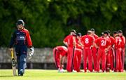 27 May 2021; James McCollum of Northern Knights walks after being bowled out LBW during the Cricket Ireland InterProvincial Cup 2021 match between Munster Reds and Northern Knights at Pembroke Cricket Club in Dublin. Photo by Harry Murphy/Sportsfile