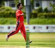 27 May 2021; Tyrone Kane of Munster Reds celebrates taking the wicket of Jeremy Lawlor of Northern Knights during the Cricket Ireland InterProvincial Cup 2021 match between Munster Reds and Northern Knights at Pembroke Cricket Club in Dublin. Photo by Harry Murphy/Sportsfile