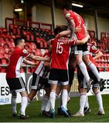 24 May 2021; Derry City players celebrate their side's second goal scored by Joe Thomson during the SSE Airtricity League Premier Division match between Derry City and St Patrick's Athletic at Ryan McBride Brandywell Stadium in Derry. Photo by David Fitzgerald/Sportsfile