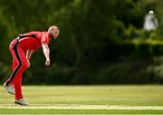 27 May 2021; Aaron Cawley of Munster Reds bowls during the Cricket Ireland InterProvincial Cup 2021 match between Munster Reds and Northern Knights at Pembroke Cricket Club in Dublin. Photo by Harry Murphy/Sportsfile