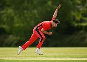 27 May 2021; Fionn Hand of Munster Reds bowls during the Cricket Ireland InterProvincial Cup 2021 match between Munster Reds and Northern Knights at Pembroke Cricket Club in Dublin. Photo by Harry Murphy/Sportsfile