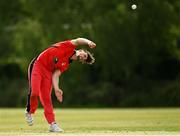 27 May 2021; Fionn Hand of Munster Reds bowls during the Cricket Ireland InterProvincial Cup 2021 match between Munster Reds and Northern Knights at Pembroke Cricket Club in Dublin. Photo by Harry Murphy/Sportsfile