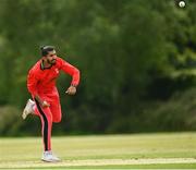 27 May 2021; Amish Sidhu of Munster Reds bowls during the Cricket Ireland InterProvincial Cup 2021 match between Munster Reds and Northern Knights at Pembroke Cricket Club in Dublin. Photo by Harry Murphy/Sportsfile