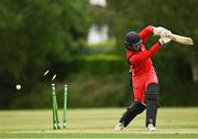 27 May 2021; Seamus Lynch of Munster Reds is bowled out by Ruhan Pretorius of Northern Knights during the Cricket Ireland InterProvincial Cup 2021 match between Munster Reds and Northern Knights at Pembroke Cricket Club in Dublin. Photo by Harry Murphy/Sportsfile